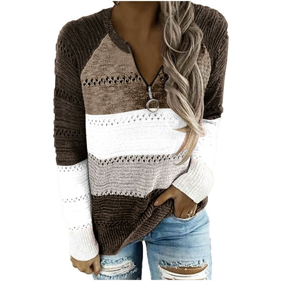 WREESH Womens Fashion Half Zip Sweatshirt V Neck Color Block Pullover Top Regular Fit Long Sleeve Tops Casual Patchwork Zipper Knitted Shirt Tops Blouse Coffee
