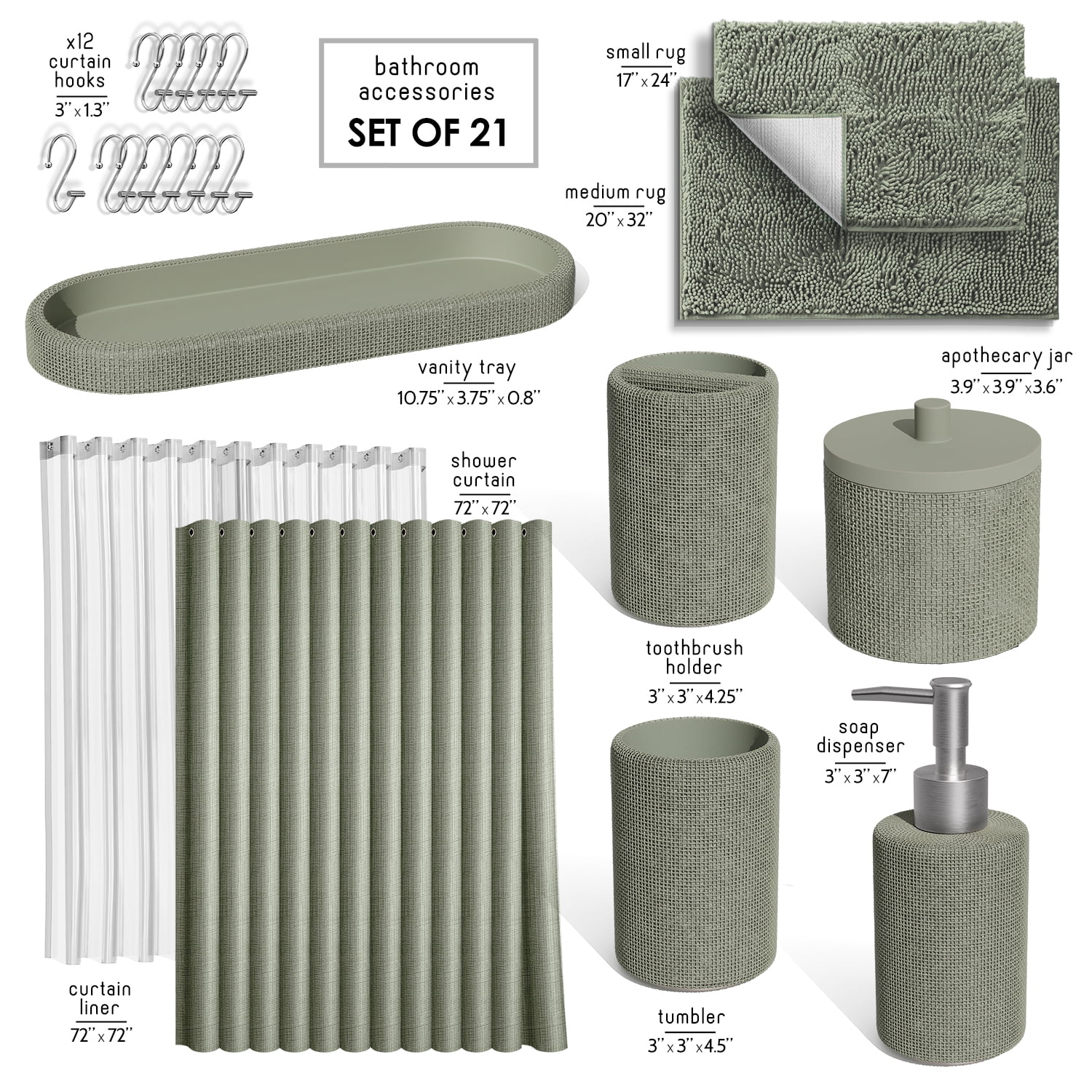 Hearth & Harbor 21 Piece Bathroom Sets with Shower Curtain and Rugs and Accessories, Sage Green