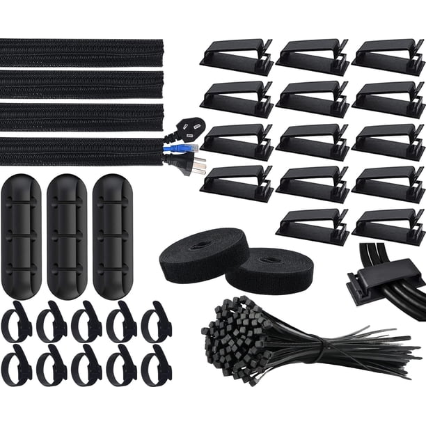 Kit de gestión de cables negro, 4 fundas para cables de conducto, 3 clips organizadores de cables de escritorio, 10+2 clips organizadores de cables de extensión, 15 clips adhesivos para cables