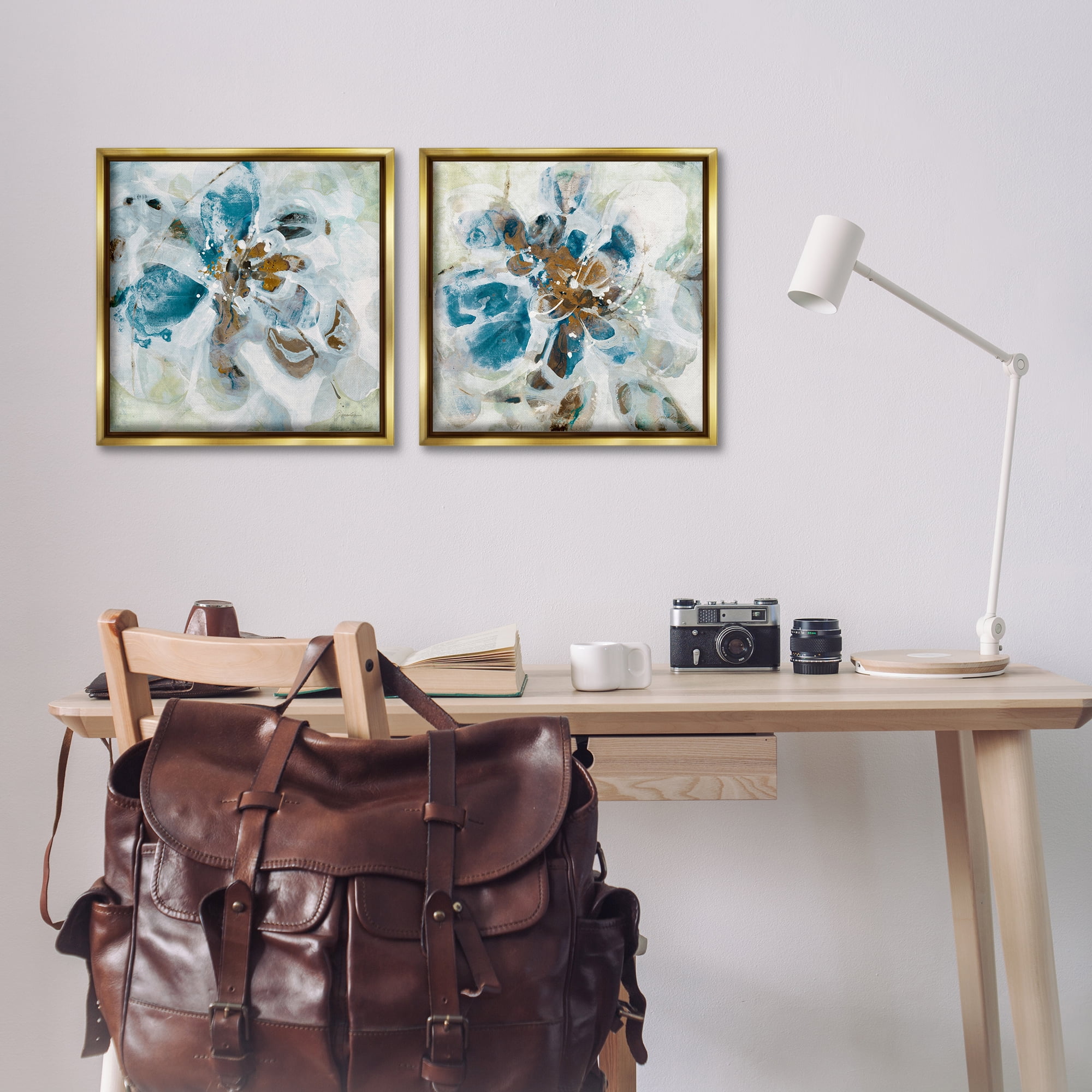 Stupell Industries Teal Abstract Flower Petals Abstract Painting Gold Floater Framed Canvas Art Print Wall Art, 18 x 18, Set of 2