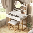 thumbnail image 4 of Vabches Vanity Desk Set with Round Mirror and Lights, Makeup Vanity Table with Stool and 2 Drawers, Vanity Table for Small Space, 4 of 9