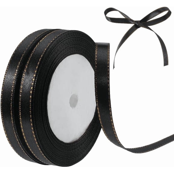 2 Rolls 48 Yards 3/8 Inch Polyester Black Ribbon with Gold Edge Border Satin Thin Soft Silk Fabric Ribbons Trim Bulk for Sewing Making Crafts Gift Wrapping Home Decor Flower Bouquets Wreaths