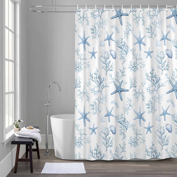 Summer Ocean Shower Curtain for Bathroom Decor, Watercolor Blue Coral Starfish Waterproof Fabric Shower Curtain, 60"x72" Set with 12 Hooks