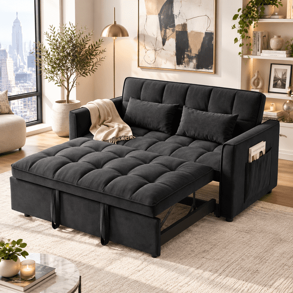 Gewnee 55" Sofa Bed, Convertible Sleeper Sofa & Pull Out Couch, 3-in-1 Velvet Loveseat with Adjustable Backrest and Storage Pocket, Black