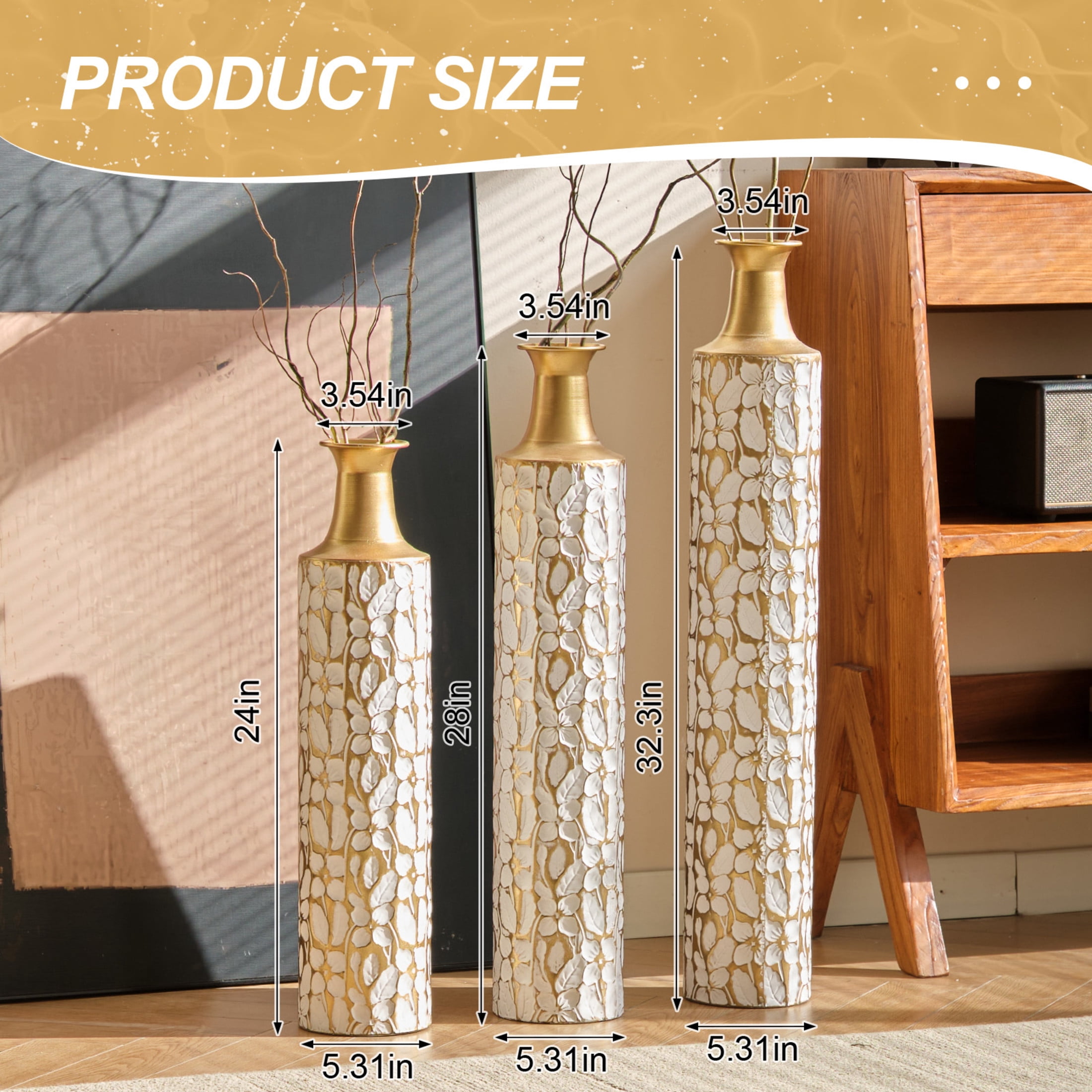 Noble House 32.3", 28", 24" Metal Floor Vase Set of 3, Leaf Pattern, Gold + White