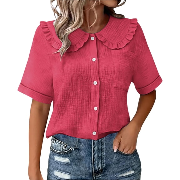 CYMMPU Women's Summer Short Sleeve Sweet Doll Collar Button Blouse, Casual Loose Lightweight Summer Top for Women Watermelon Red XXXL