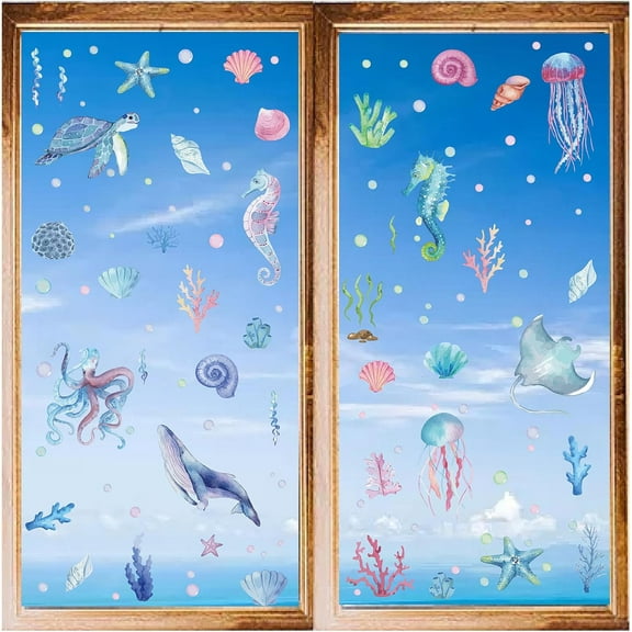 8 Sheets Sea Animals Window Decals Stickers Ocean Whale Turtle Seahorse Wall Clings Peel and Stick Vinyl PVC Waterproof Self Adhesive Decor for DIY Bedroom Nursery Living Room Kitchen Store Dorm
