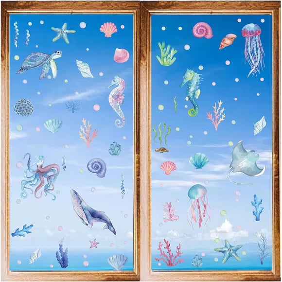 8 Sheets Sea Animals Window Decals Stickers Ocean Whale Turtle Seahorse Wall Clings Peel and Stick Vinyl PVC Waterproof Self Adhesive Decor for Bedroom Nursery Living Room Kitchen Store Dorm