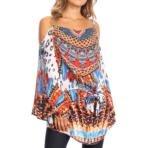 Sakkas Bosede Off Shoulder Bell Sleeve Casual Top Blouse w/Print and Rhimestones - 17216-Multifeather - OS