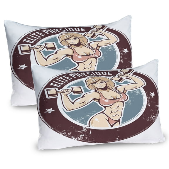Ambesonne Fitness Pillow Sham 2 Pack, Retro Gym Lady Layout Art, 30"x20", Warm Taupe Slate Blue