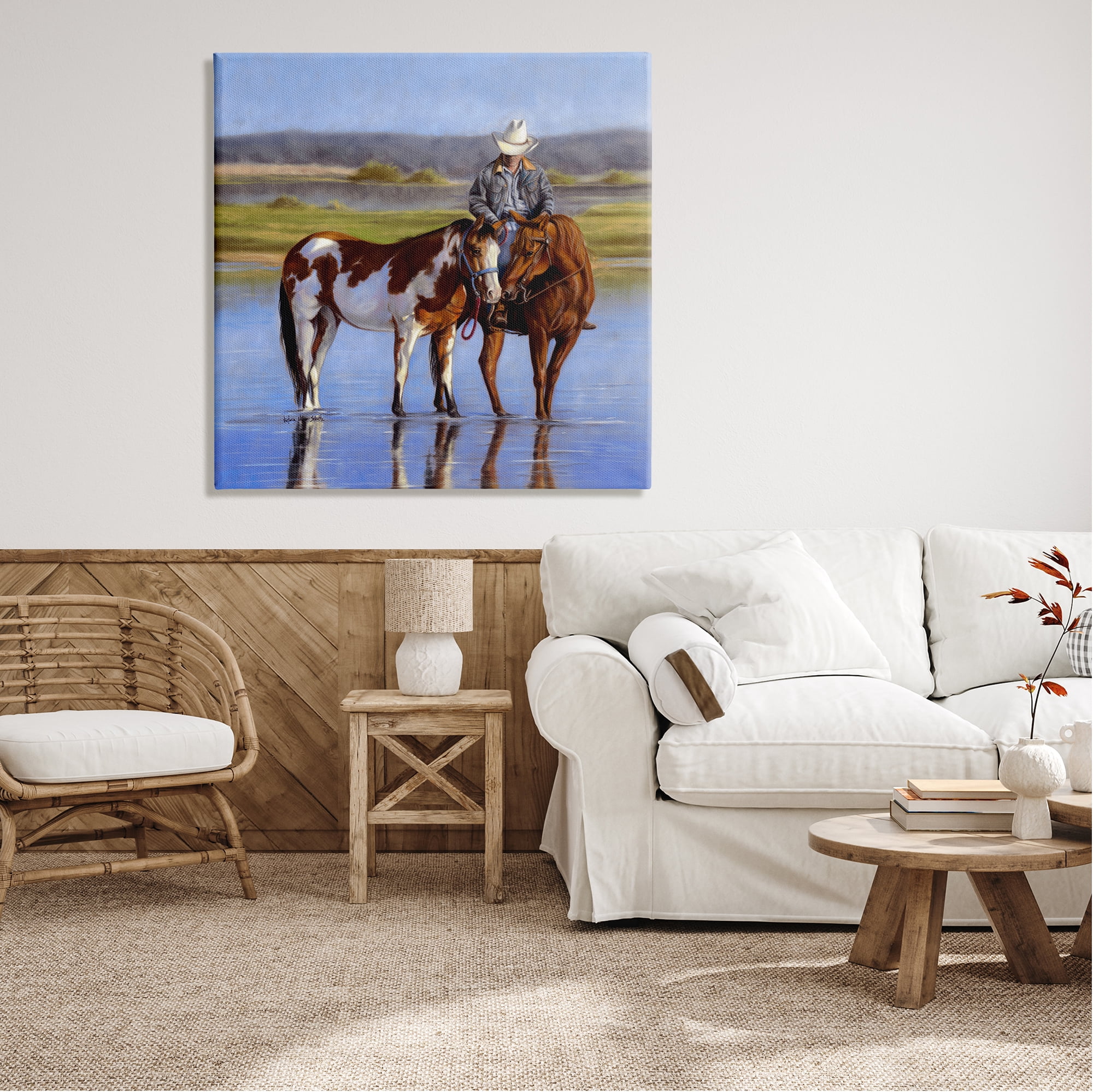 Stupell Industries Cowboy in Shallow River Animals & Insects Painting Gallery Wrapped Canvas Art Print Wall Art, 36 x 36