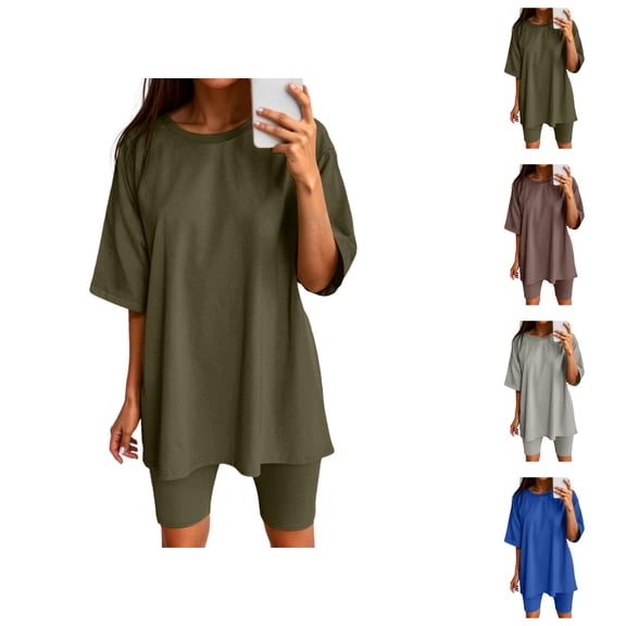 Workout Sets for Women Shorts Short Sleeve Crewneck Oversized T Shirt and Legging Shorts 2 Piece Matching Set Gym Yoga Set
