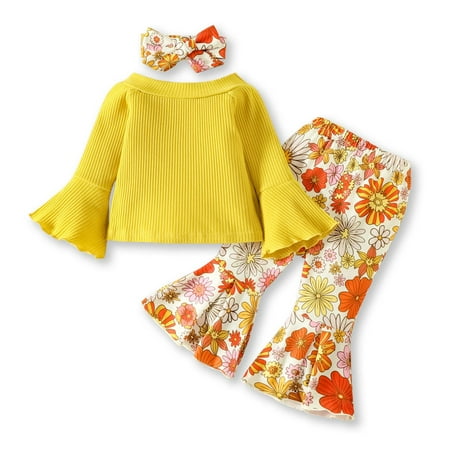 

U·nikaka Baby Toddler Girls Clothing Outfits Sets Flounce Sleeve Top+Floral Print Flare Leg Pants+Headband 3PCS (6M-5T)