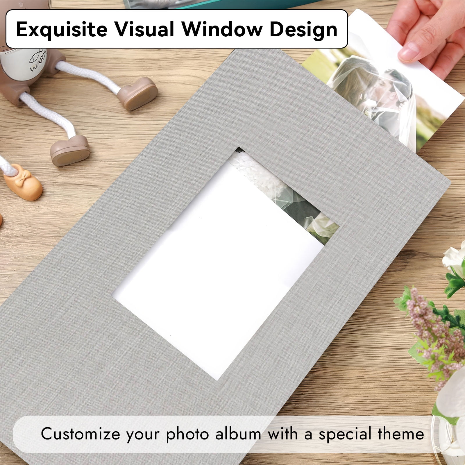 4x6 Photo Album Holds 300 Pictures, Linen Cover with Front Window, Large Capacity Slip-in Picture Album for Weddings, Kids, Travel, Anniversaries, and Family Baby Photos, Gray