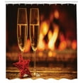 thumbnail image 3 of Fireplace Shower Curtain, Cozy Romantic Photo with Champagne Glasses on Blurred Log Fire Backdrop, Fabric Bathroom Set with Hooks, 69W X 75L Inches Long, Vermilion and Ginger, by Ambesonne, 3 of 3