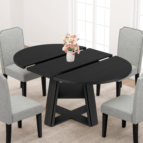 43-59" Extendable Round to Oval Dining Table for 4-8 with Storage Shelf and Wooden Pedestal Base, Space-Saving Kitchen Table for Apartments, Black