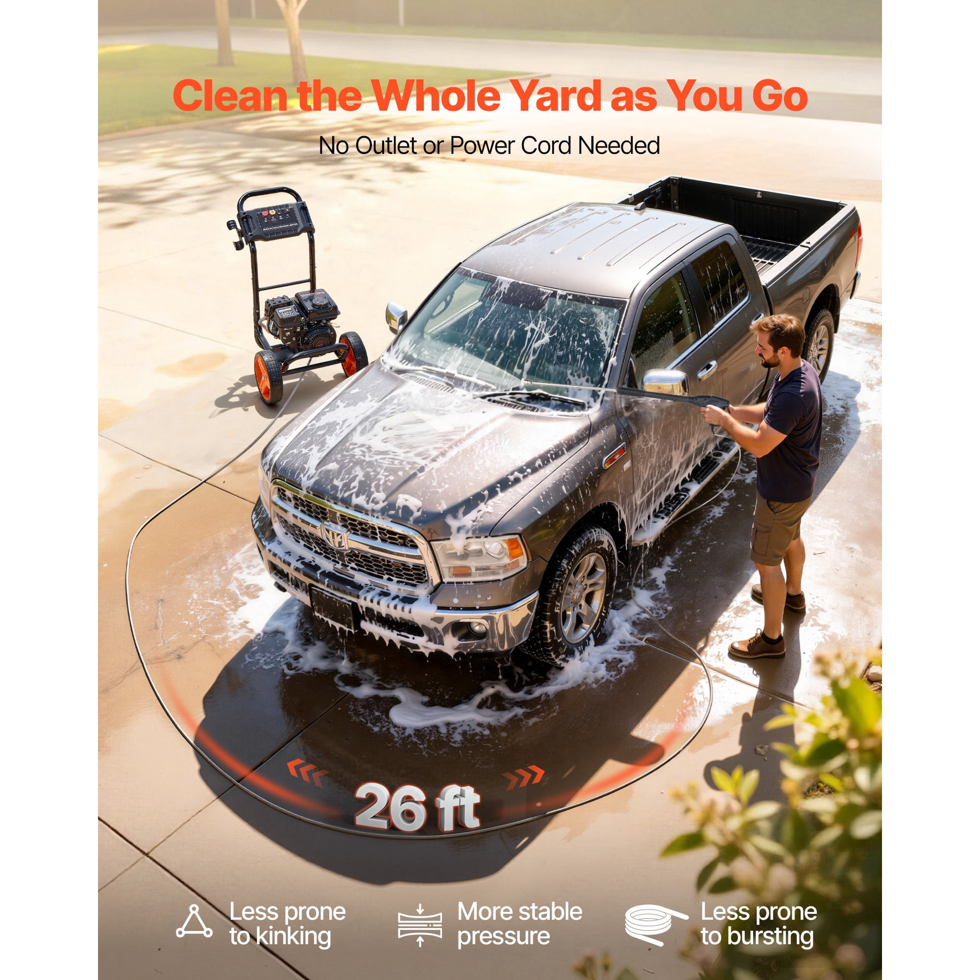 KFFKFF Gas Pressure Washer 2900 PSI, 1.85 GPM Max, Aluminum Pump with Spray Gun, Wand, 4 Nozzles, Compact Power Washer for Cars, Fences, Driveways, Homes, Patios, and Furniture