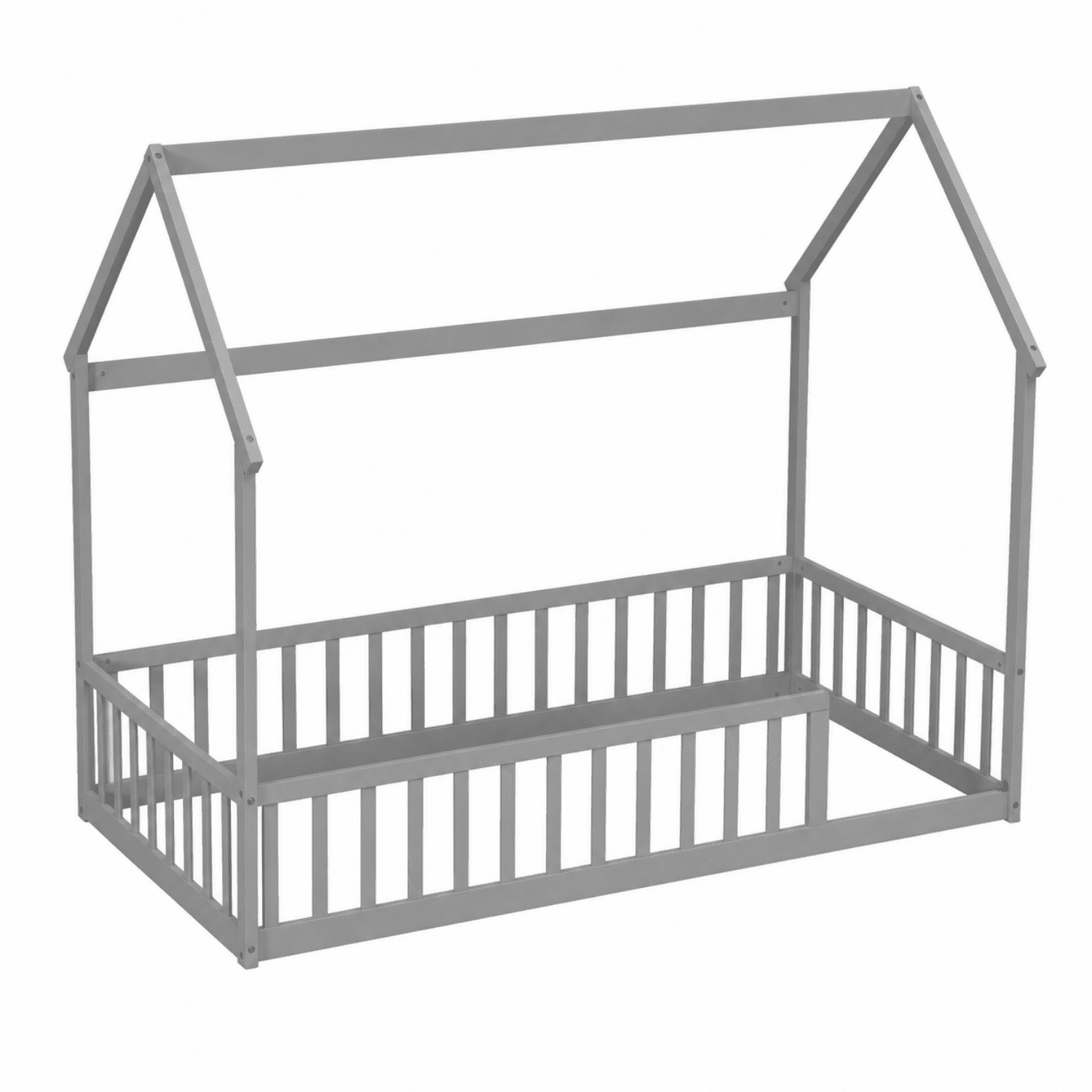 Miniyam Twin Size House Floor Bed for Kids, Wood Low Profile Bed Frame with Guardrails, Gray