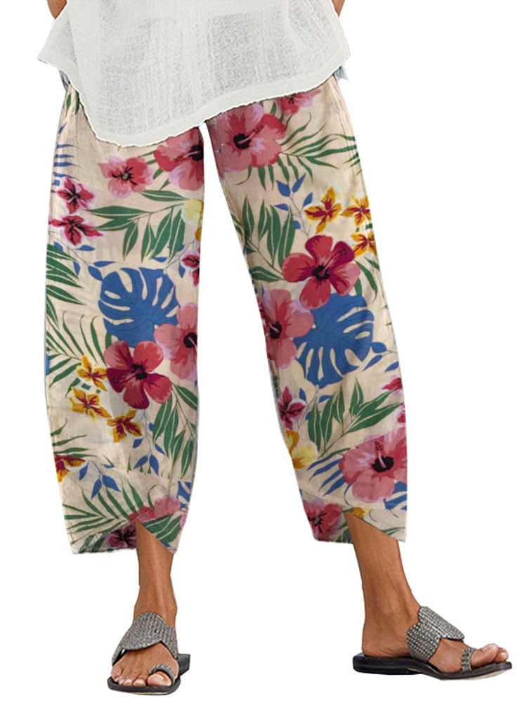 ZANZEA Women's Elastic Waist Pants Floral Printed Loose Cotton Cropped ...
