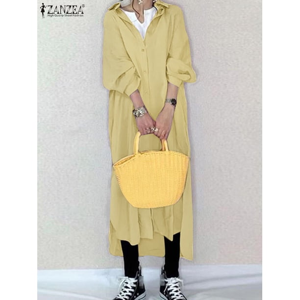 ZANZEA Spring Long Sleeve Robe Kaftan Solid Shirt Dresses Fashion Midi Dress Loose High Low Vestidos Women Vintage Oversize 20234XL Gao Jinjia LED