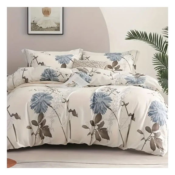 Floral Duvet Cover Queen Size - Big Flower Pattern Comforter Cover Set - 100% Cotton Queen Duvet Cover - Shabby Chic Bedding for Women Girls - Soft Breathable Bed Cover