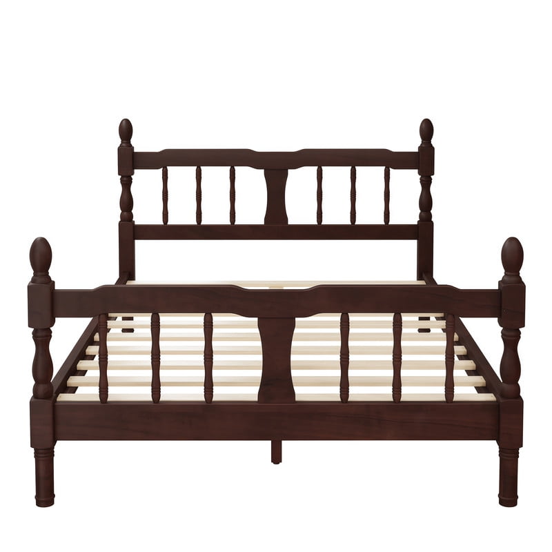 Euroco Wood Full Size Platform Bed Frame, Classic Farmhouse Bed Frame with Spindle Headboard, Dark Walnut