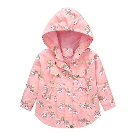 

Child Sweater Toddler Girls Winter Windproof Cartoon Rainbow Prints Hooded With Pocket Jacket Kids Outerwear Coat