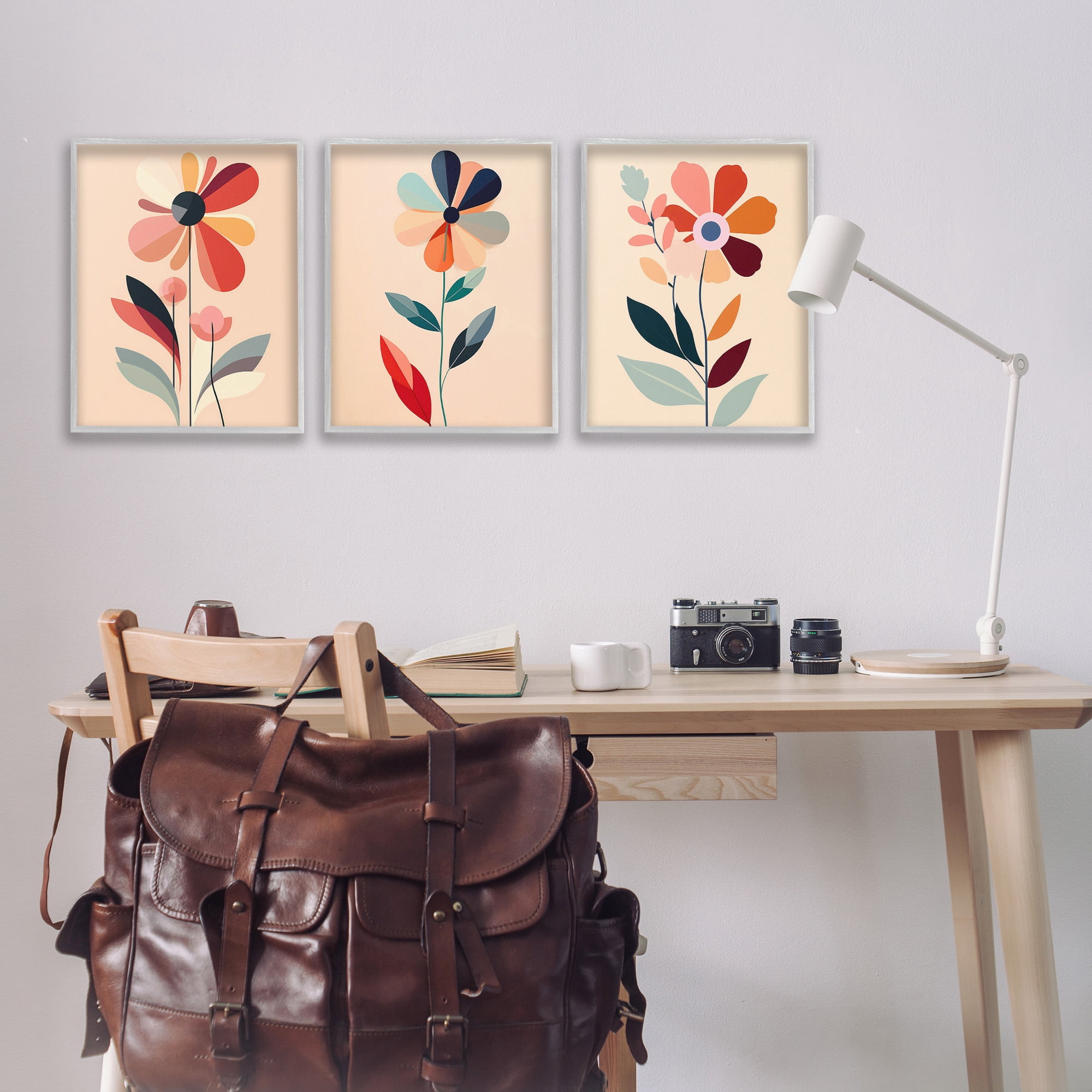 Stupell Industries Funky Modern Flowers Botanical & Floral Painting Gray Framed Art Print Wall Art, 16 x 20, Set of 3