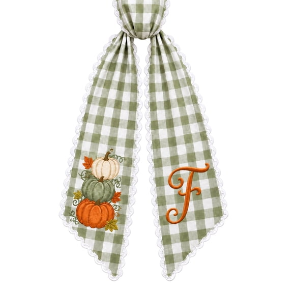Thanksgiving Wreath Sash for Front Door, Fall Autumn Harvest Decorative Striped Sash,Pumpkin Monogram Letter Print,Embroidered Wreath Ribbon for Home Holiday Decoration