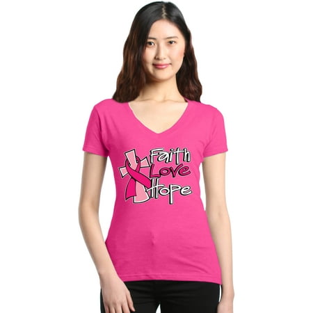 Shop4Ever Women's Faith Love Hope Pink Breast Cancer Awareness Slim Fit V-Neck