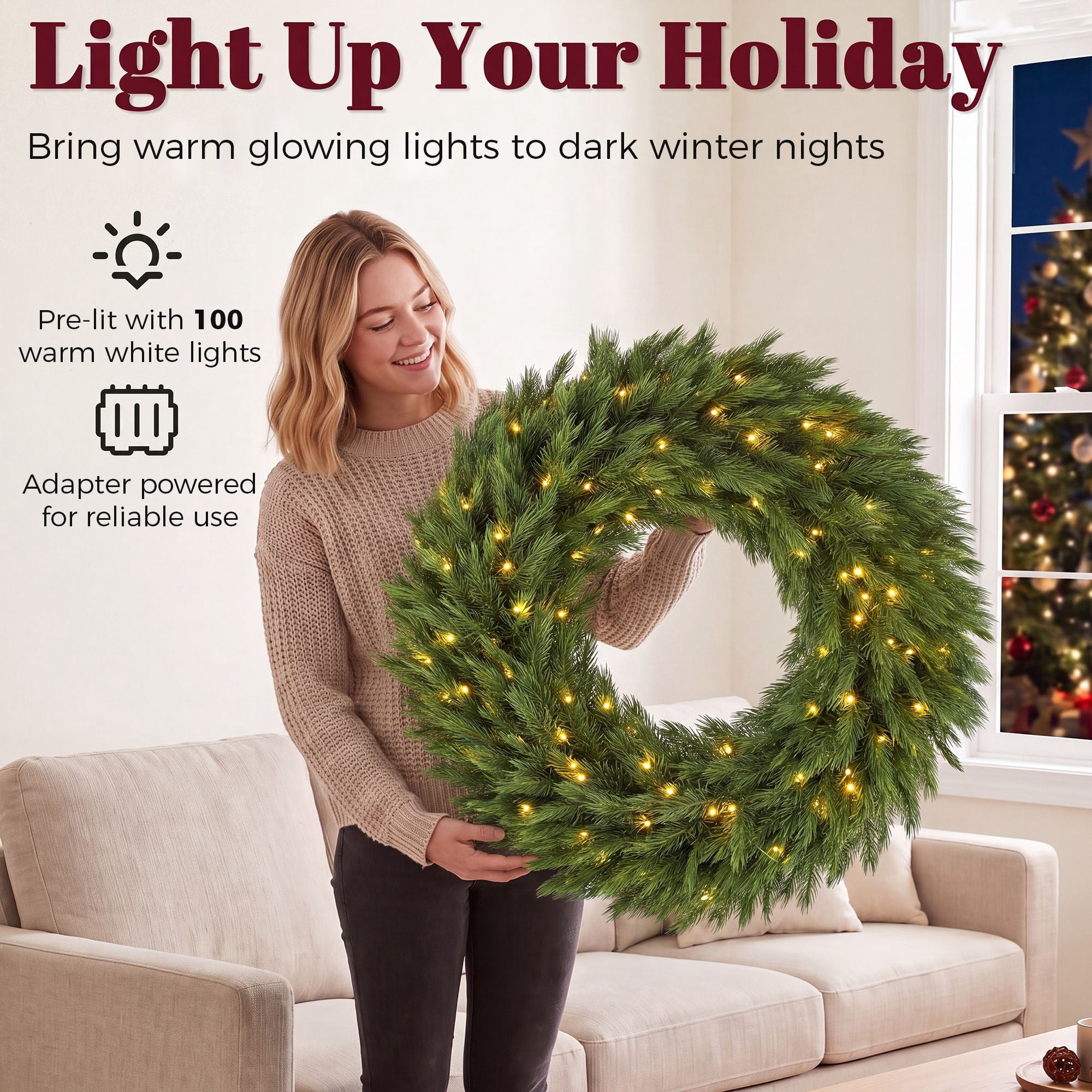 Pre-Lit Artificial Christmas Wreath, 36 in Norwegian Spruce with 100 Warm White LED Lights, 450 Branch Tips, Indoor and Covered Outdoor Holiday Door Decor