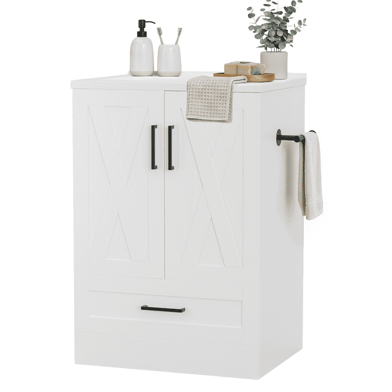 Lacoo 24" Bathroom Vanity with Sink Basin, Farmhouse Bathroom Storage Vanity Cabinet with 2 Doors & 1 Drawer, Freestanding Bathroom Cabinet with Washbasin, White