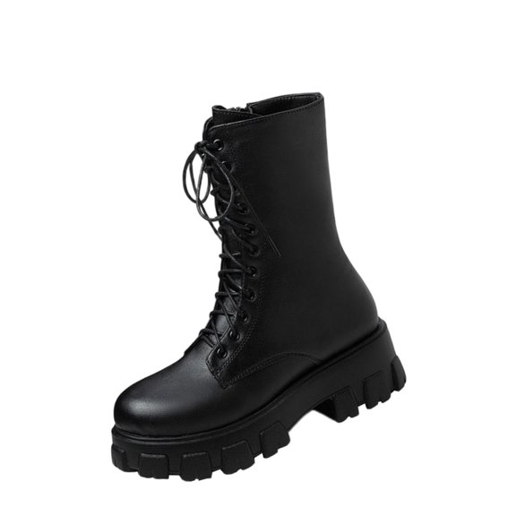 Women's Combat Platform Boots Chunky Lace Up Booties Mid Calf Lug Sole Closed Round Toe Side Zipper Fashion Festival Heeled Boot