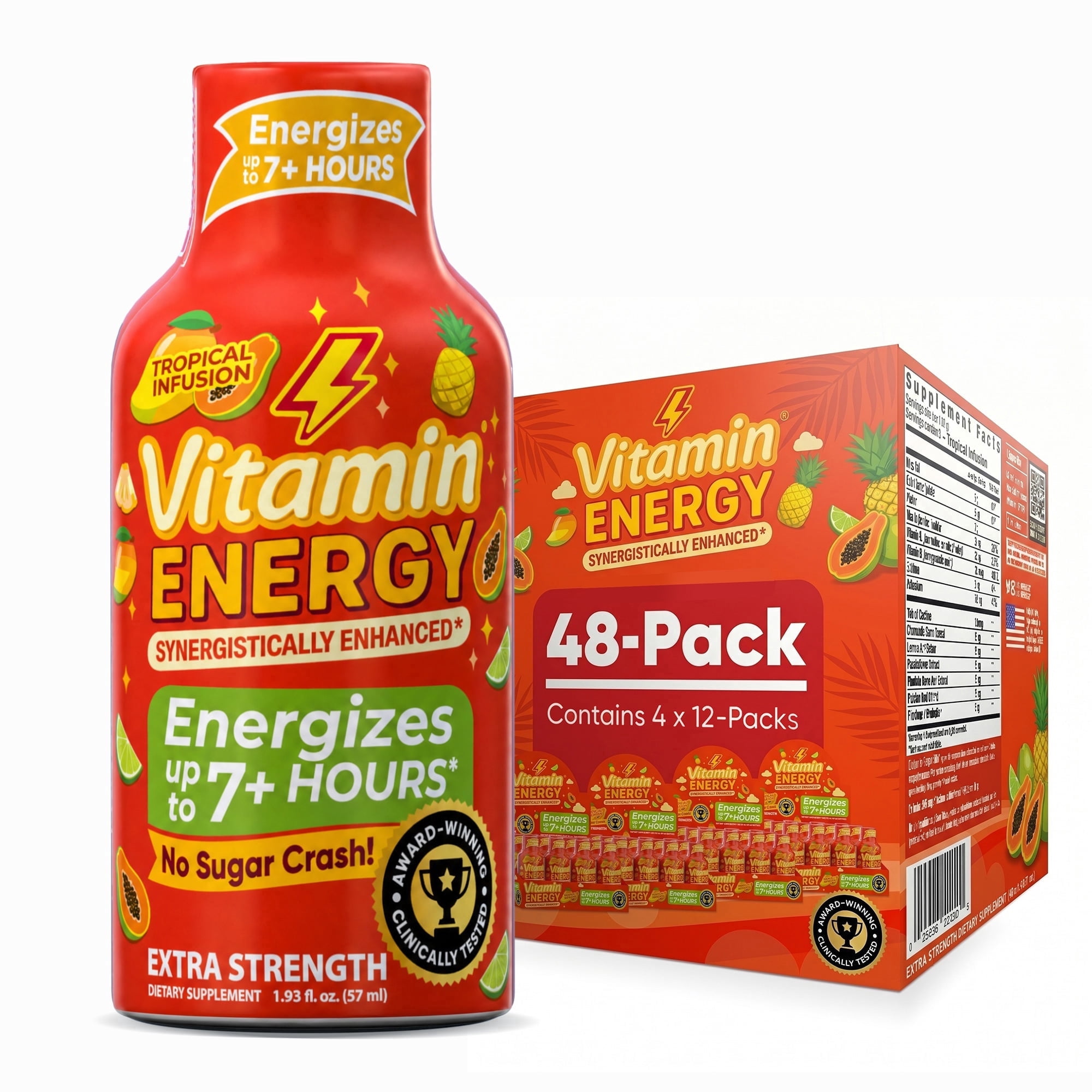 Vitamin Energy Tropical Infusion Extra Strength Energy Shot, 48 Pack - 260mg Natural Caffeine, BCAAs + CoQ10, Focus, Zero Sugar, 1.93 fl oz