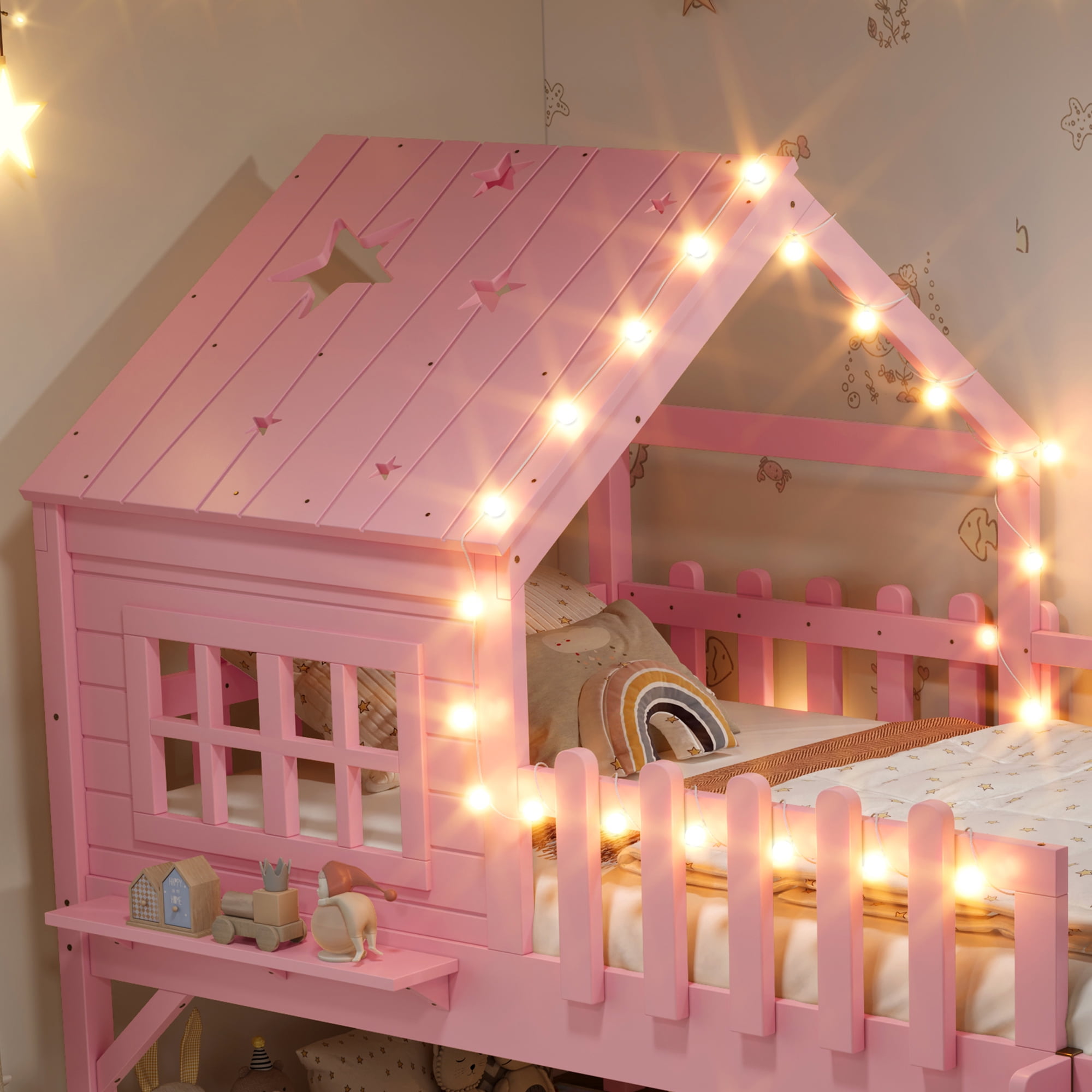 Mintazer Twin Size Kids House Loft Bed with Slide & LED Lights, Modern Playhouse Bed with Star Shaped Designs & Ladder, No Box Spring Needed, Pink