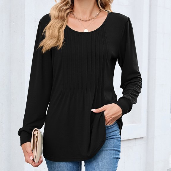 Dxzfnsa Women's Casual Solid Color Round Neck And A Loose Long-sleeved T-shirt. Womens Shirts Black-L