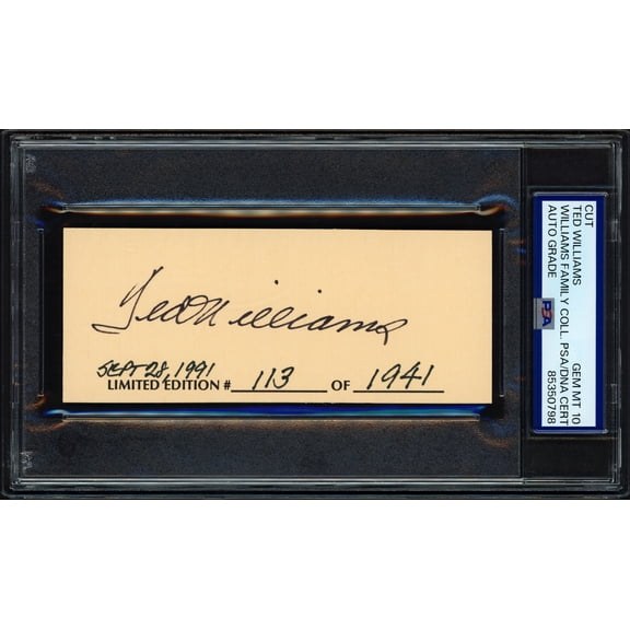 Ted Williams Autographed 2x5 Cut Signature Boston Red Sox Auto Grade Gem Mint 10 LE #/1941 PSA/DNA Stock #256703