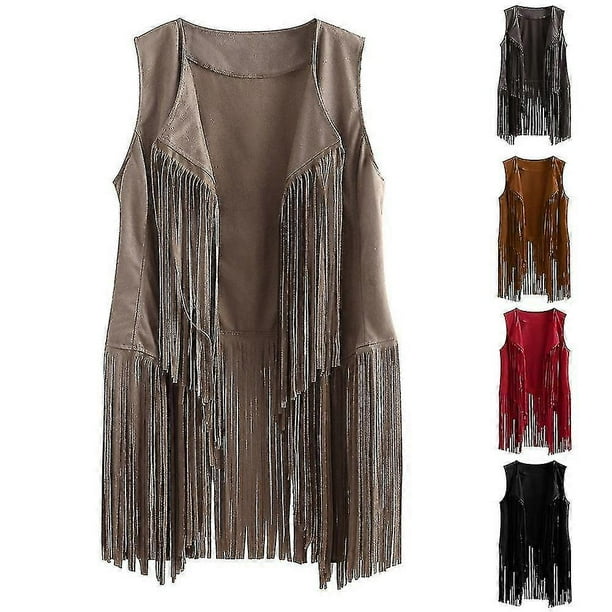 1920s Womens Cowboy Cowgirl Tassel Waistcoat Sleeveless Vest Hippie Jacket Retro Motorcycle Coat-yujia-YuJia