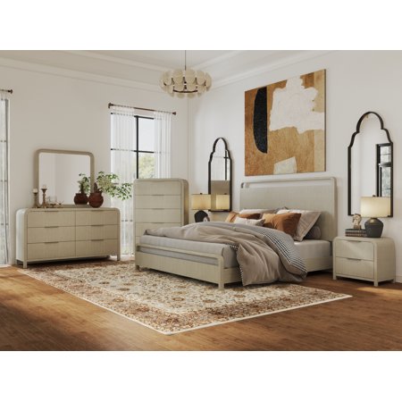 Roundhill Furniture Tavari 6-Piece Bedroom Set with Panel Bed Dresser Mirror Two Nightstands and Chest in Light Gray King Size
