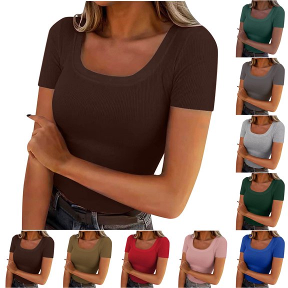 SROBPTY Womens T-Shirts Solid Crew Neck Short Sleeve Loose Casual Summer Tops for Daily Wear