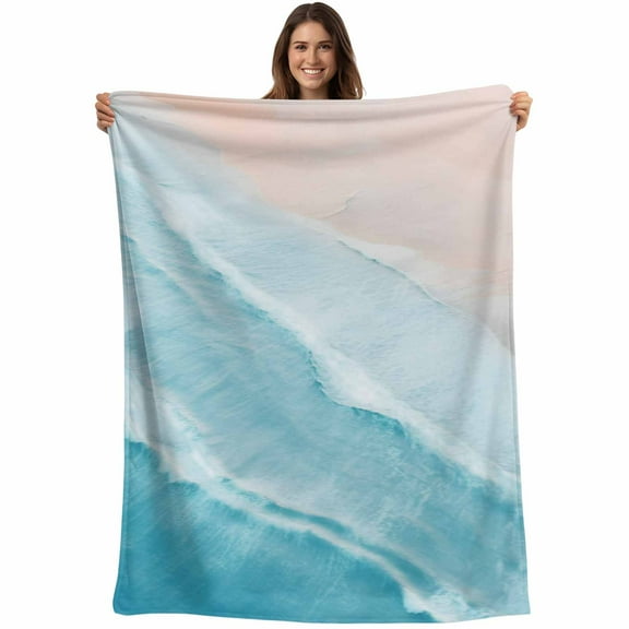 Aqua Blue Coastal Beach Throw Blankets, Ocean Sea Water Soft Fleece Blanket Decorative for Home Sofa Couch Chair Living Bedroom, 50x60 inches,