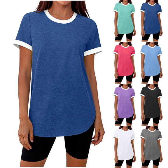 FNFYFH Womens Workout Tops Loose Fit Short Sleeve Athletic Shirts Color Block Gym Clothes Outfits Sun Protection T Shirts