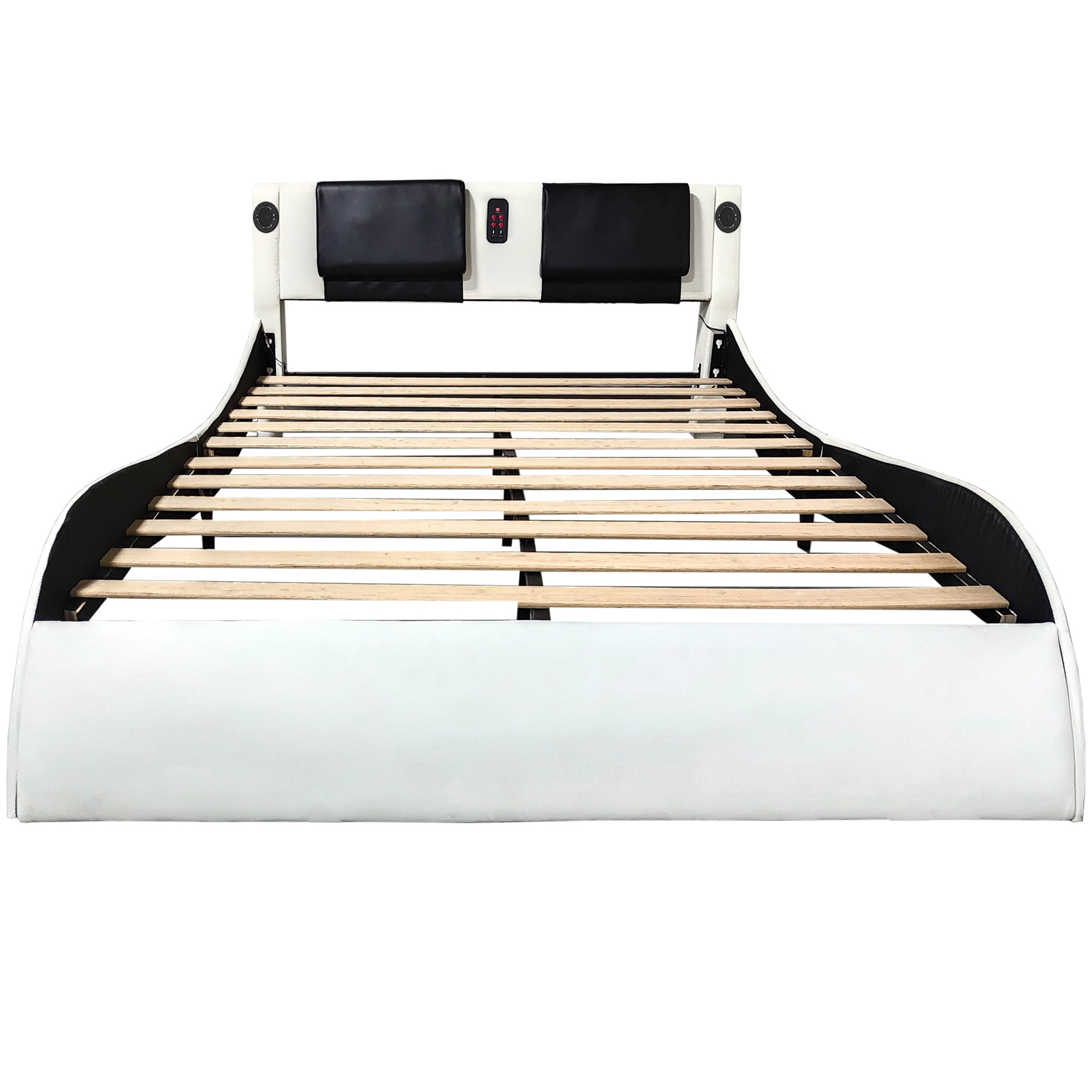 Mintazer King Faux Leather Platform Bed Frame with Massage Headboard & Bluetooth Speakers, Upholstered Platform Bed with USB Charging Ports & RGB LED Under Bed Lights for Bedroom, White