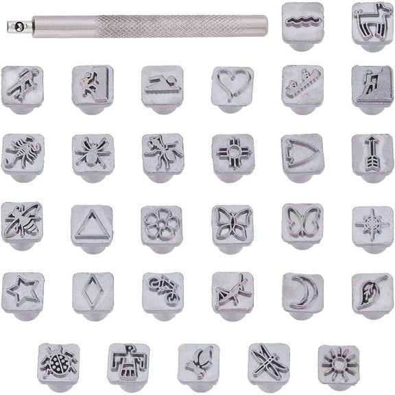 Leather Stamping Tool Set 31Pcs Leather Carving Stamps and Handle Platinum Alloy Leather Carving Tools Sun/Insect/Flower Pattern Leather Art Craft Tool 13x10.5x10.5mm DIY