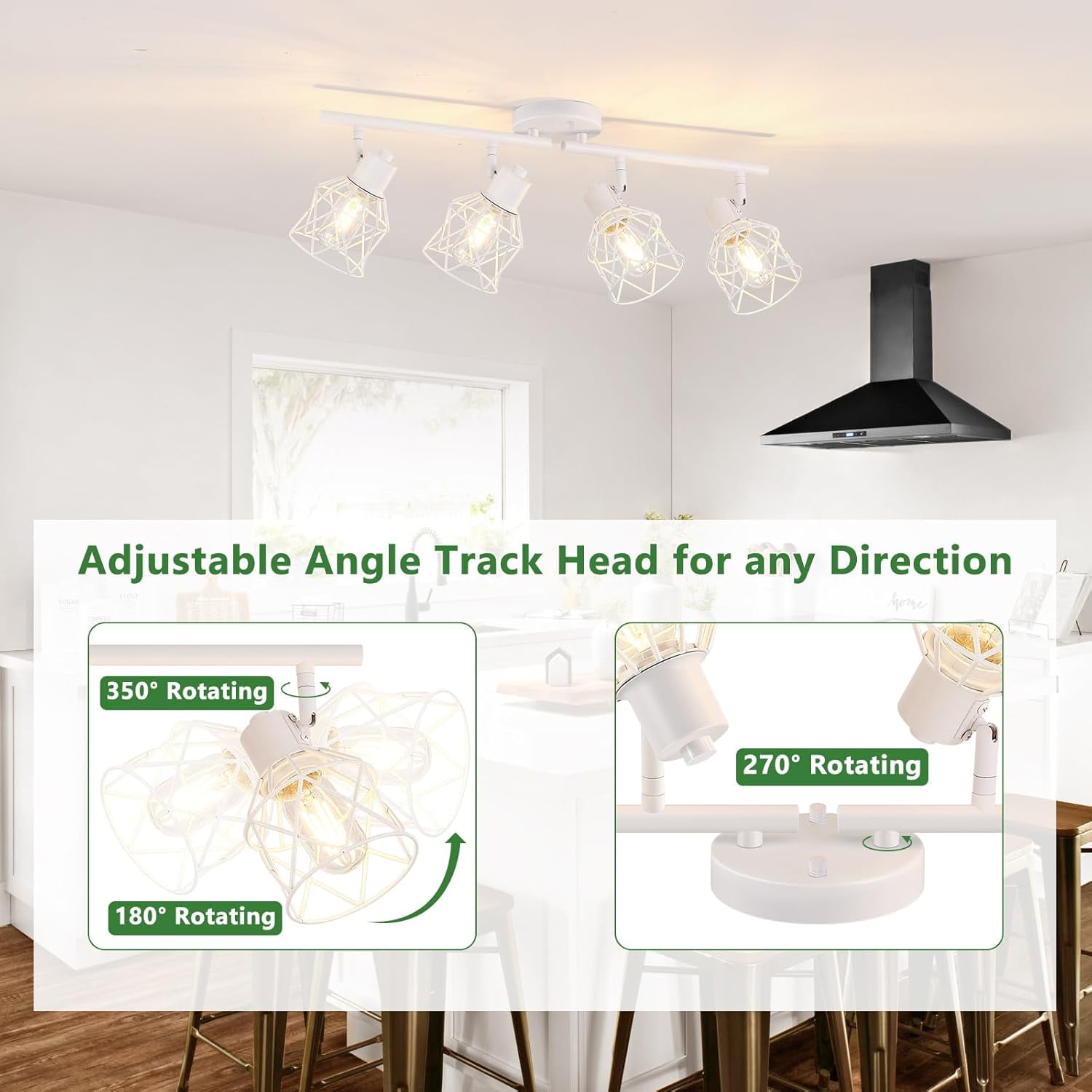 4-Lights Kitchen Light Fixtures Ceiling Mount, Adjustable Multi-Directional White Flush Mount Ceiling Light Fixture with Metal Cage, Modern Spot Ceiling Lamp for Hallway, Dining Room, Bedroom