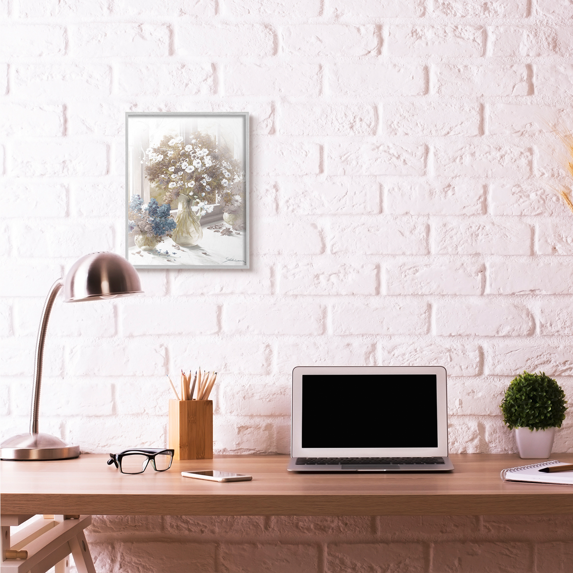 Stupell Industries Flower Vase Vintage Sepia Painting Graphic Art Gray Framed Art Print Wall Art, 16x20, by Heinz Scholnhammer