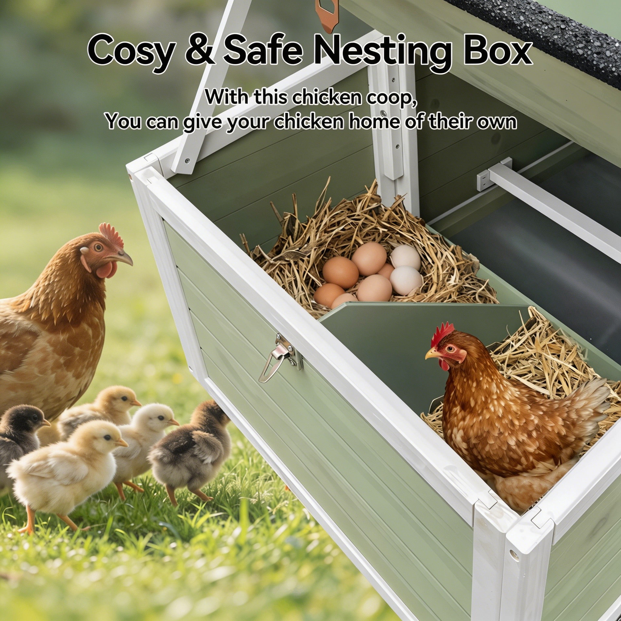 Backyard Chicken Coop with Nesting Box, Weather Resistant Wooden Hen House, Walk-In Run Options, Fits 2-6 Chickens, Green Coop with Run