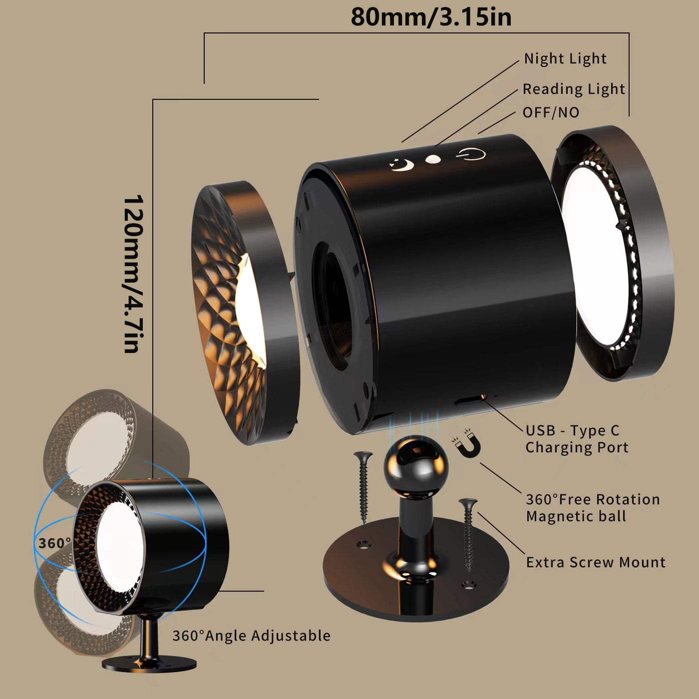 LED Wall Mounted Lights 2 Pcs with Remote, Wall Sconces Lamp 2000mAh Rechargeable Battery Operated, 3 Color Temperatures & Dimmable Magnetic 360° Rotation Cordless Light for Bedroom Bedside