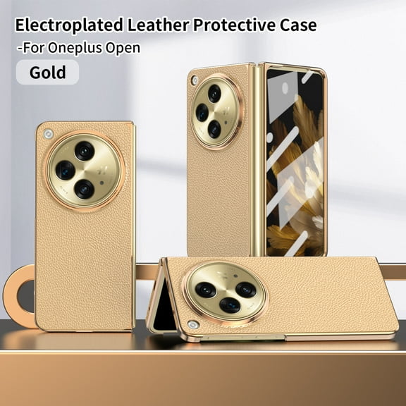ELEHOLD for One Plus Open Rugged Full Body Case,Premium Lychee Texture PU Leather Cover with Built-in Front Screen Protector Shockproof Anti-Scratch Phone Case for One Plus Open - Gold