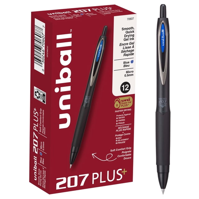 Uniball 207 Plus+ Stylos Gel Rétractables, Pointe Micro (0,5 mm), Bleu, Lot de 12